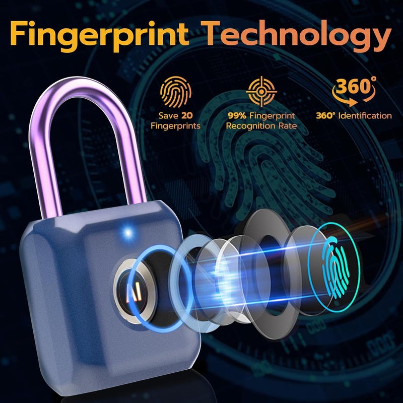 Pothunder Fingerprint Padlock, Smart Padlock, Locker Lock, Biometric Metal Keyless Fingerprint Lock, USB Rechargeable, for Gym Locker, Luggage, Backpack(Blue) - Image 4